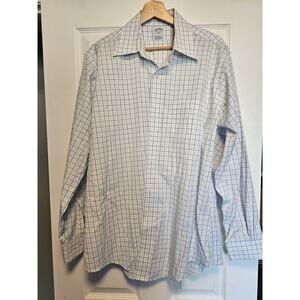 Brooks Brothers Shirt Men 16.5 4/5 White W/Blue Stripes Casual Button Down Check